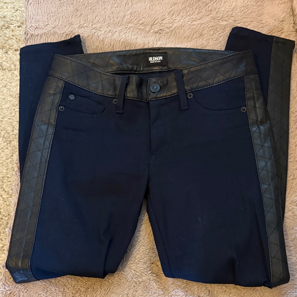 Hudson Jeans Navy Blue Ankle Pants with Quilted Leather Trim